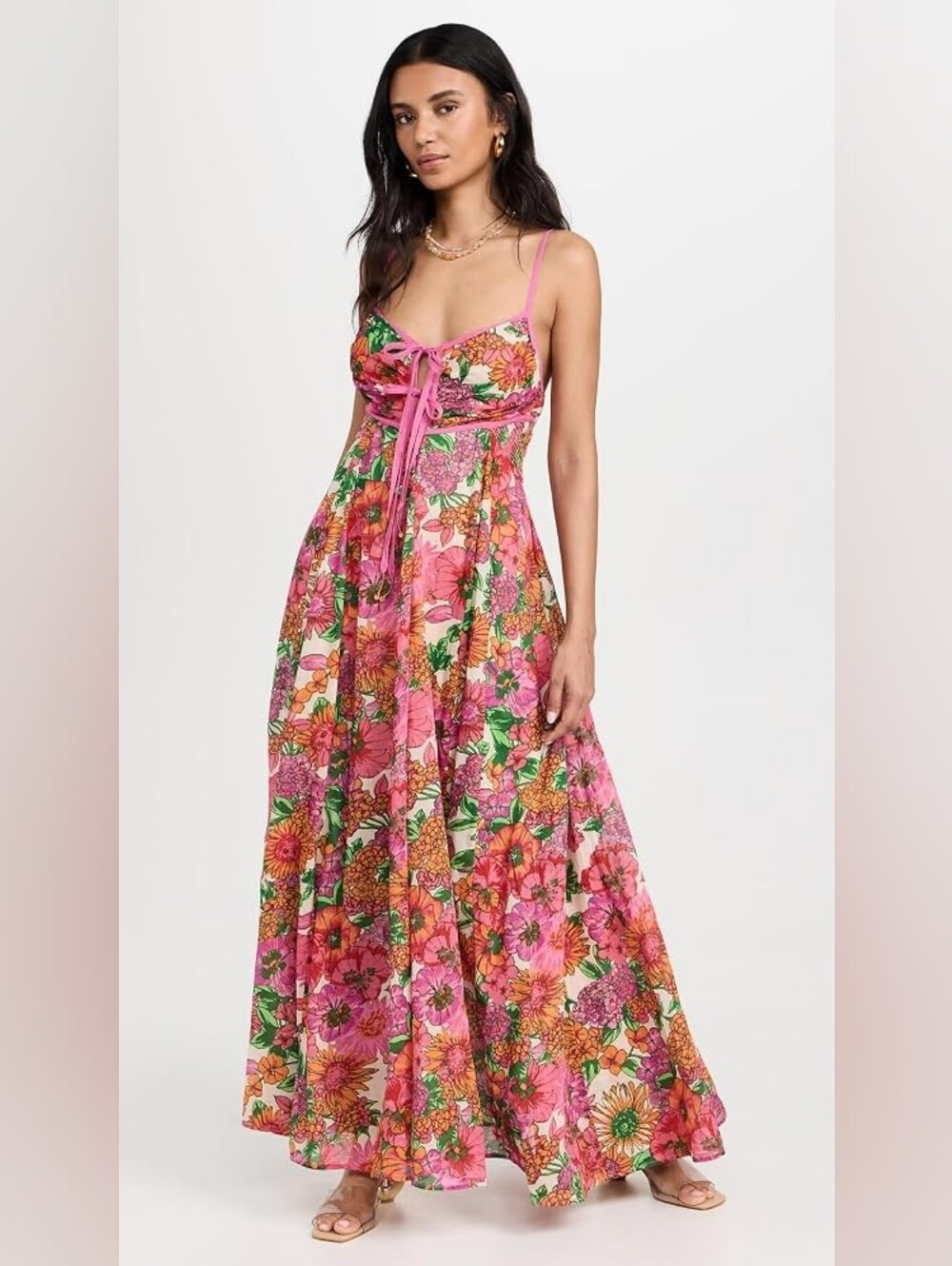 Flowing Pink Floral Maxi Dress with Tie Front